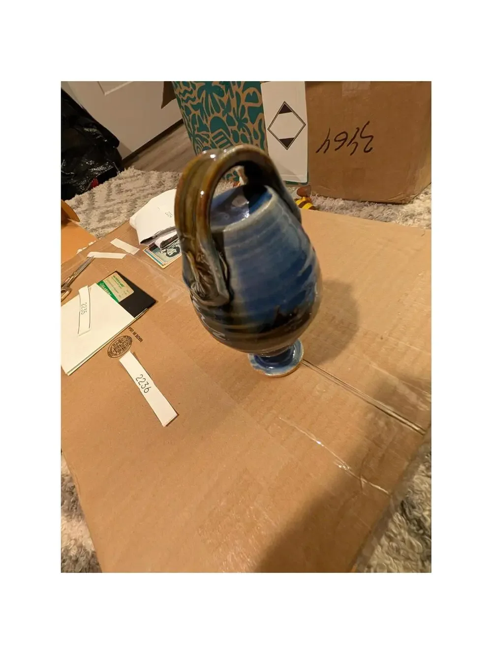 Vintage Studio Art Pottery Vase Stoneware Blue Drip Glaze Signed Artist Marked